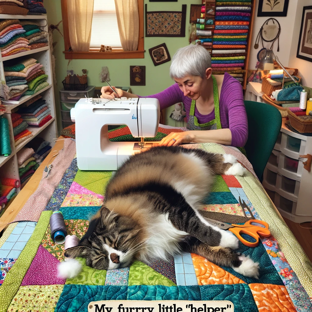 A humorous image of a cat or dog sprawled out on a quilt-in-progress. The pet looks content and comfortable, oblivious to the quilter's dilemma. The quilter is trying to sew around the pet, with a look of amused resignation on their face. The sewing room is cozy and colorful, filled with fabric and quilting supplies. The quilt itself is half-finished, with vibrant patterns. A caption says, "My furry little 'helper'." The image captures the funny and relatable situation of pets 'helping' with quilting projects.