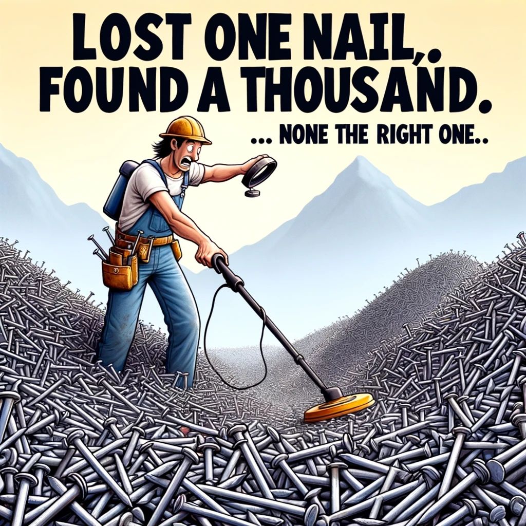 A comical meme depicting a roofer surrounded by an exaggerated amount of nails, creating mountains around him. The roofer is frantically searching with a metal detector, looking overwhelmed yet determined. The caption reads: "Lost one nail, found a thousand... none the right one." The scene should be humorous and slightly exaggerated, emphasizing the frustration and absurdity of searching for one specific nail in a sea of many.