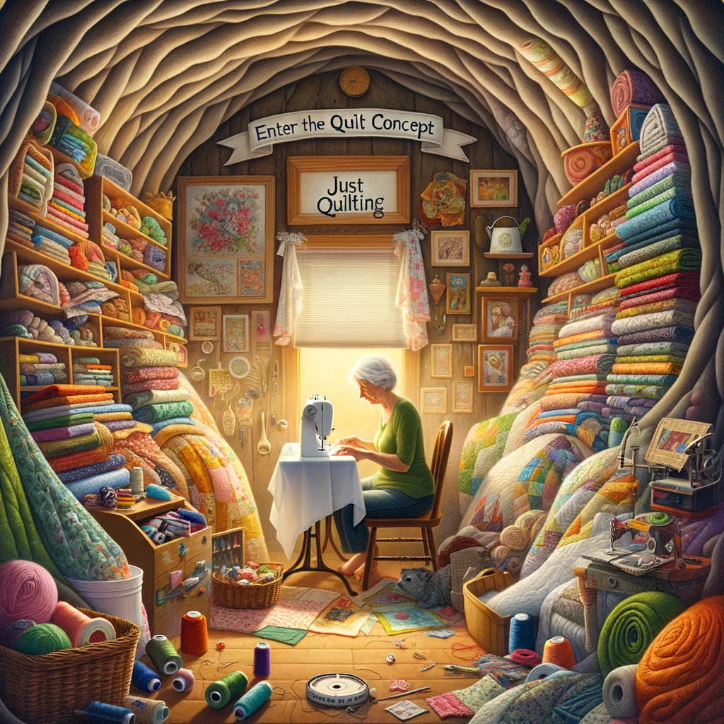 A quilter is depicted in a room that looks like a cave, surrounded by mountains of fabric and quilting supplies. The room has a whimsical, cozy feel, with shelves overflowing with colorful fabric, threads, and quilting tools. The quilter is in the center, deeply engrossed in sewing, with a content and focused expression. The lighting is warm and inviting, creating a sense of a private sanctuary. A caption says, "Enter the Quilt Cave: No time concept, just quilting." The image portrays the humorous idea of a quilter's dedicated space where time seems to stand still.