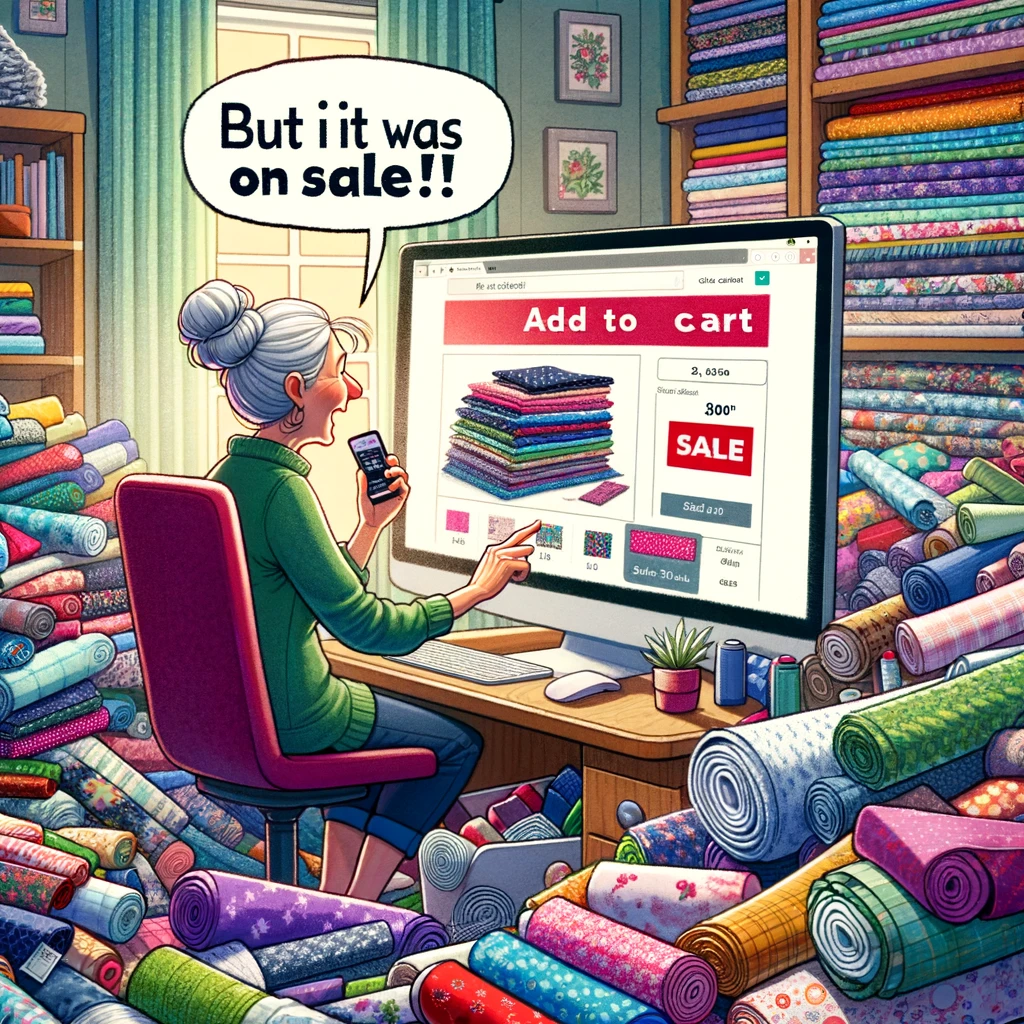 A quilter is seen clicking 'Add to Cart' for fabric online, with a mix of excitement and guilt on their face. The computer screen shows a fabric shopping website, with the words 'Sale!' prominently displayed. Behind the quilter, there's a gigantic pile of various fabrics, suggesting an already extensive collection. The room is a well-organized sewing space, with shelves of fabric and quilting tools. The image humorously captures the quilter's indulgence in online fabric shopping, with a caption saying, "But it was on sale!"