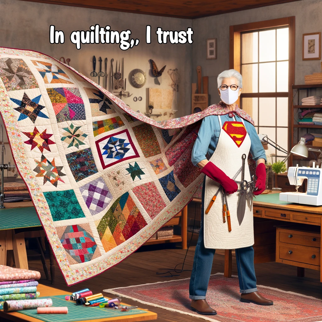 A quilter wearing a quilt like a superhero cape, standing heroically. The quilter has a confident, proud posture, like a superhero ready to take on challenges. The quilt cape is colorful and beautifully patterned, flowing behind them. The background is a sewing room turned into a 'hero's lair,' with sewing machines, fabric, and quilting tools. The quilter's expression is one of determination and pride in their craft. A caption says, "In quilting, I trust." The image combines the themes of quilting and superheroism in a humorous and empowering way.