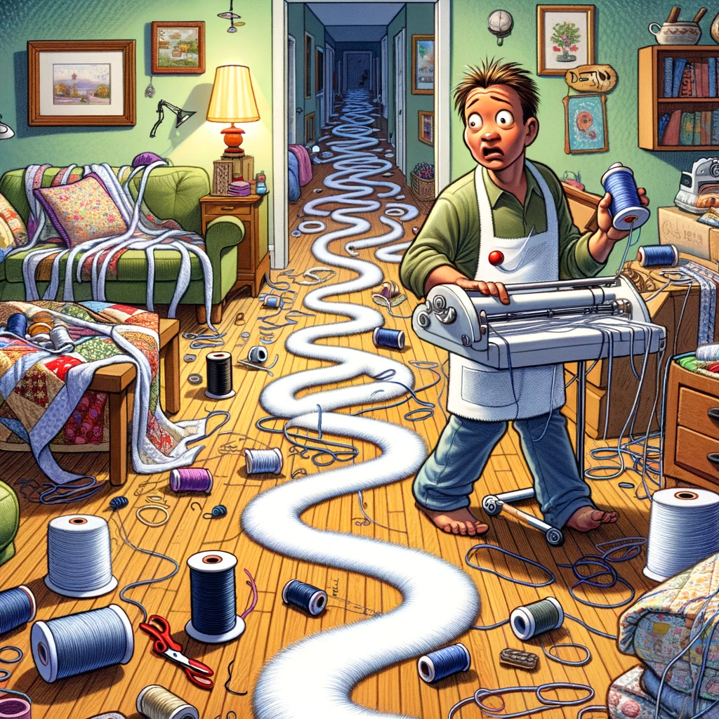 A comical image of a quilter following a seemingly endless thread throughout the house. The thread winds through various rooms, creating a humorous maze. The quilter has a confused and slightly exasperated expression, as if wondering where the thread leads. The house is filled with typical home scenes, but with a focus on the chaos created by the long, winding thread. Various quilting tools and fabrics are visible in the background. A caption says, "Chasing the thread of destiny." The image humorously captures the endless nature of some quilting projects.