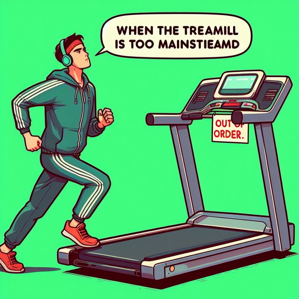 A person pretending to run while standing still next to a treadmill, looking serious. The person is wearing a tracksuit and headphones. The treadmill is turned off and has a sign that says 'out of order'. The caption reads: 'When the treadmill is too mainstream.' The caption is in a comic font and has a green background. The image has a cartoon style and bright colors.