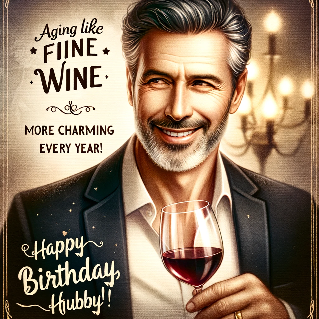 A smiling, middle-aged man looking suave, with a glass of wine in one hand. He has a charming and confident demeanor. In the background, there is a subtle, elegant ambiance that complements his sophisticated look. A caption at the bottom of the image reads, "Aging like fine wine - more charming every year. Happy Birthday, Hubby!" The image has a warm and celebratory feel, perfect for a birthday greeting.