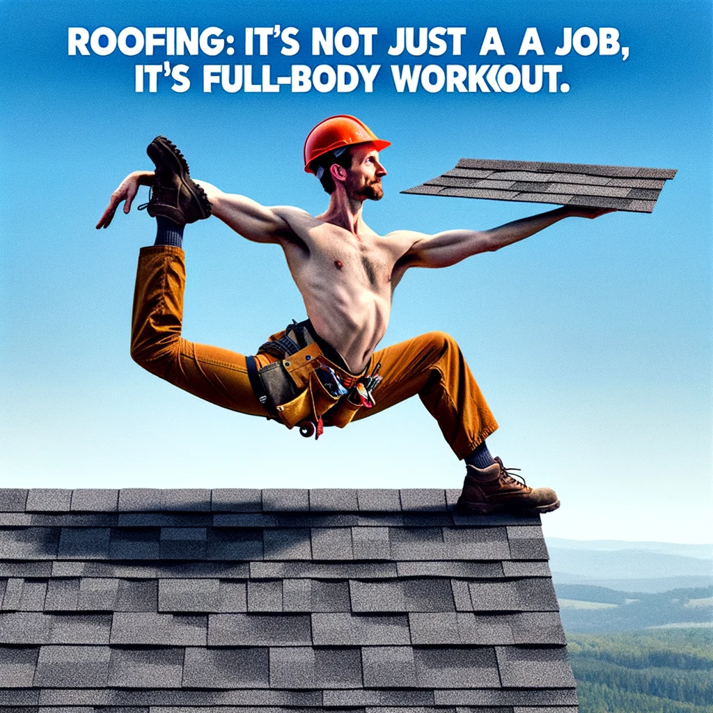 A humorous meme showing a roofer in a complex yoga pose on a sloped roof. The roofer is balancing perfectly, holding a shingle in one hand, showcasing flexibility and strength. The caption reads: "Roofing: It's not just a job, it's a full-body workout." The scene should combine elements of roofing and yoga in a playful and exaggerated way, highlighting the physical demands of roofing in a humorous light.