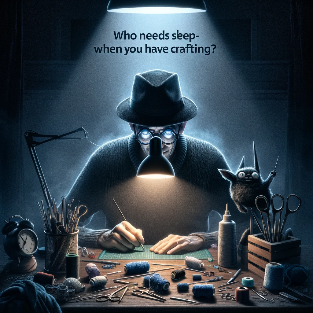 The Late Night Crafter: An image of someone crafting with a look of intense concentration, surrounded by darkness, with only a desk lamp on. Caption: "Who needs sleep when you have crafting?"