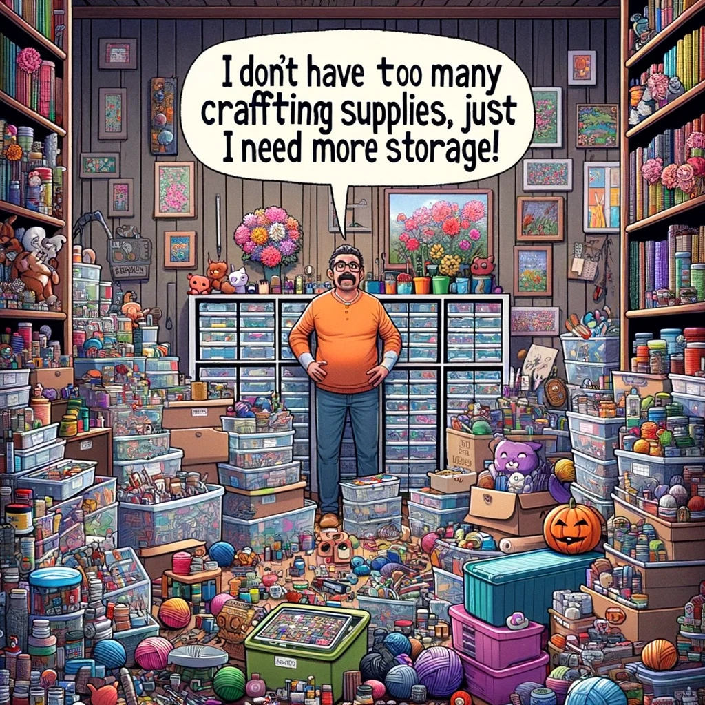 The Hoarder: A room filled to the brim with crafting supplies. Text: "I don't have too many crafting supplies, I just need more storage!"