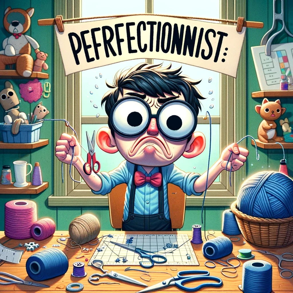 The Perfectionist: A crafter undoing their work with a frustrated expression. Caption: "Crafting Rule #1: If it's not perfect, it's not done."