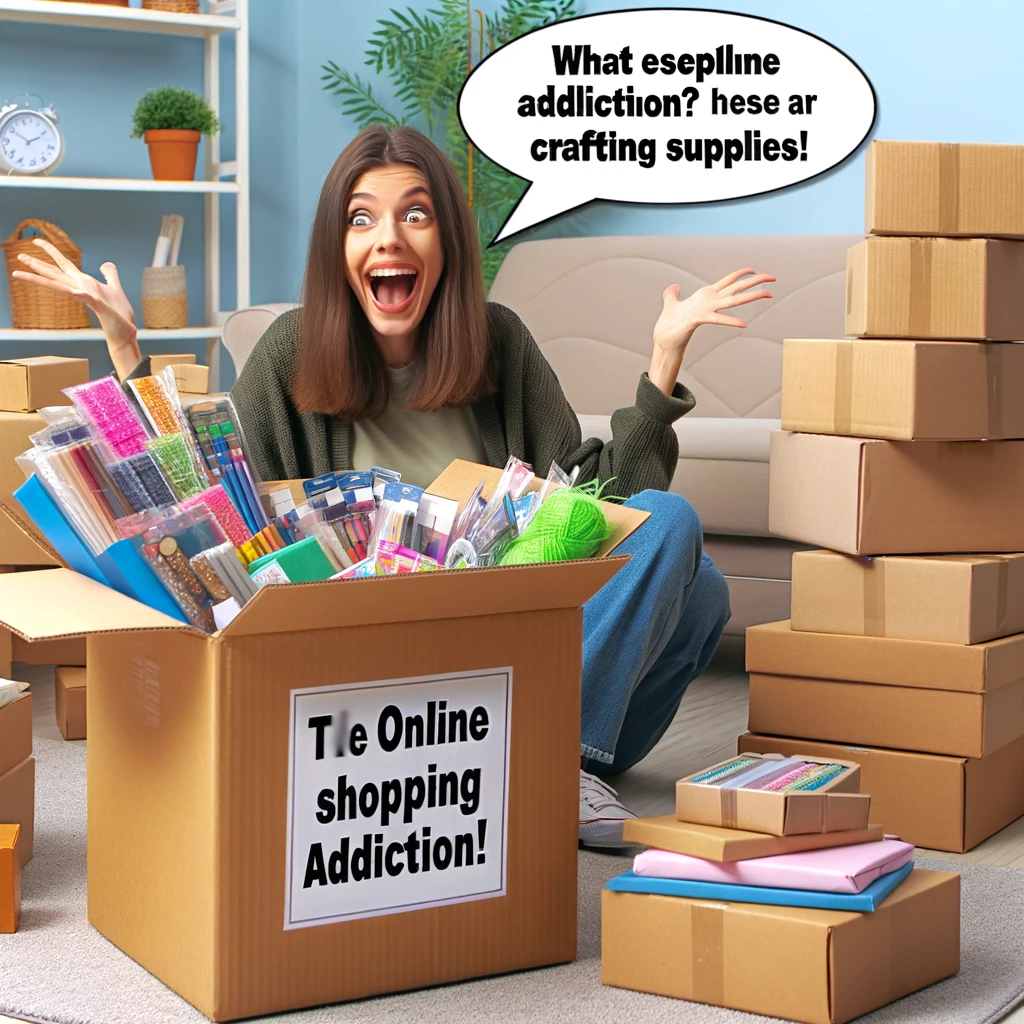 The Online Shopper: An image of someone excitedly opening a large box of craft supplies with a pile of unopened boxes in the background. Caption: "What online shopping addiction? These are essential crafting supplies!"