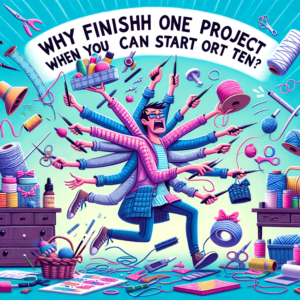 The Multi-Tasker: A chaotic scene of someone trying to juggle multiple crafting projects at once. Text: "Why finish one project when you can start ten?"