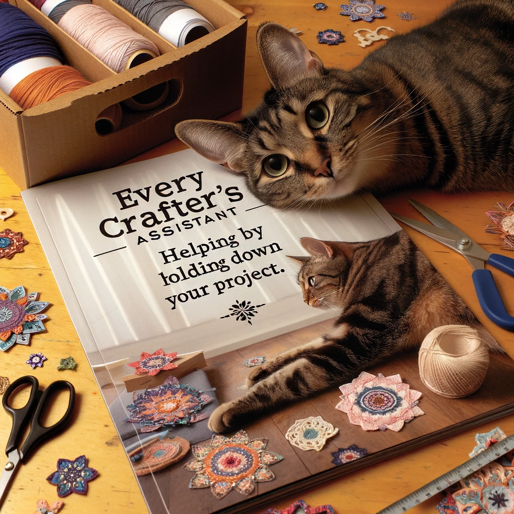 The Crafting Cat: A photo of a cat lying in the middle of a crafting project, with pieces scattered around. Text: "Every crafter's assistant: helping by holding down your project."