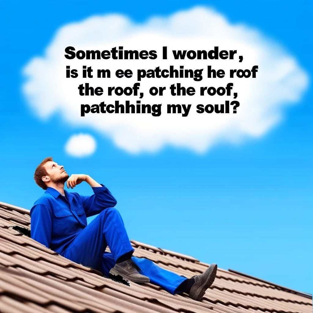 A thoughtful meme depicting a roofer gazing at the sky through a hole in the roof. The roofer appears contemplative, lost in deep thought as he stares upwards. The caption reads: "Sometimes I wonder, is it me patching the roof, or the roof patching my soul?" The scene should have a philosophical and whimsical feel, emphasizing the introspective moment of the roofer as he ponders the deeper meaning of his work.