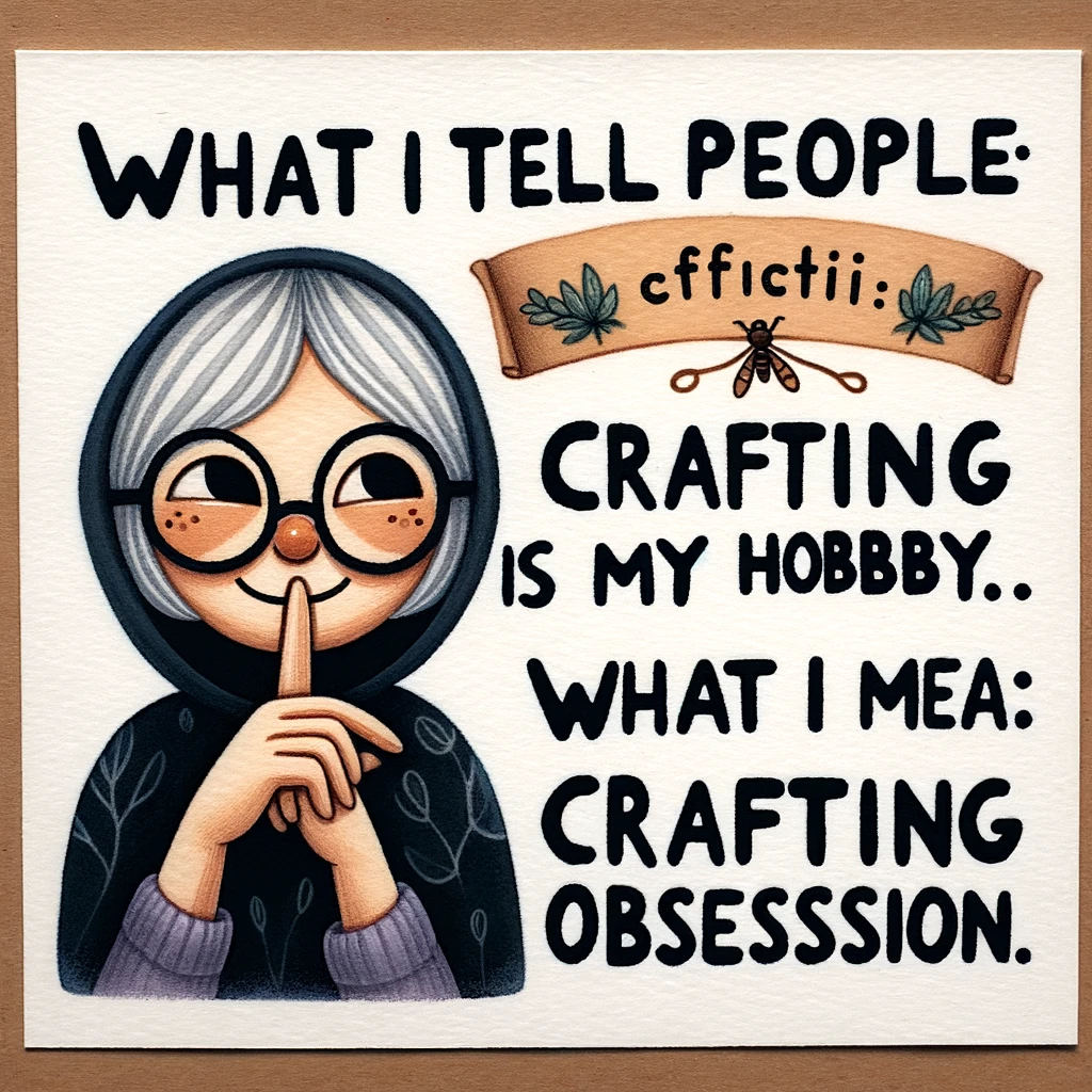 The Crafting Confession: An image of a crafter with a secretive expression. Caption: "What I tell people: Crafting is my hobby. What I mean: Crafting is my obsession."