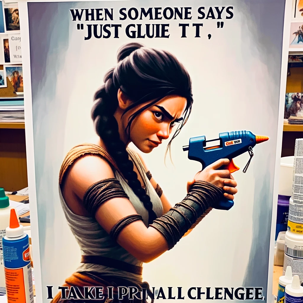 A picture of someone with a glue gun in hand, looking battle-ready. The person is portrayed as a fearless warrior, poised and determined, holding the glue gun like a weapon. The background is a crafting area, with various crafting materials scattered around. The person's expression is fierce and focused, embodying the spirit of a 'Glue Gun Warrior.' The caption reads: "When someone says 'just glue it,' I take it as a personal challenge." This image blends humor with the idea of taking crafting seriously.
