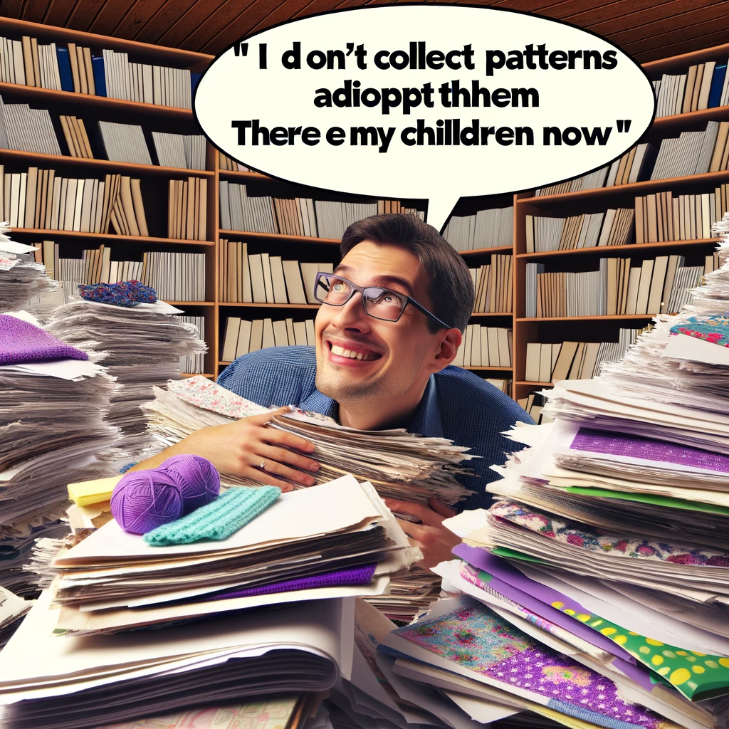 An image of a crafter surrounded by piles of unused patterns and books. The crafter looks slightly overwhelmed but affectionate towards the patterns, portraying a sense of attachment. The room is filled with shelves and stacks of patterns and crafting books, showing a vast collection. The crafter is smiling, lovingly looking at the patterns, embodying the quote: "I don't collect patterns, I adopt them. They're my children now." This image humorously represents the crafter's passion for collecting patterns, exaggerating the number of patterns to emphasize the humor.
