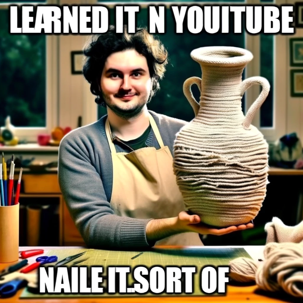 A meme showing a person proudly holding up a slightly wonky handmade item. The person looks proud yet slightly sheepish, capturing the essence of a self-taught crafter. The handmade item, such as a crooked vase or uneven sweater, is held up as a trophy of their effort. The setting is a home workshop, with various crafting tools and materials visible. The caption reads: "Learned it on YouTube, nailed it...sort of." This image humorously portrays the learning curve in crafting, emphasizing the pride in self-taught skills despite imperfections.