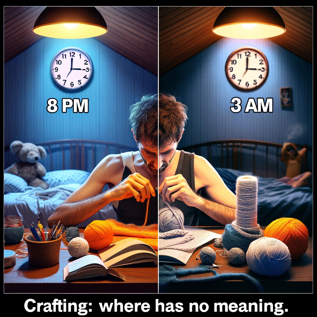 A photo showing a clock at two different times (e.g., 8 PM and 3 AM) with the crafter in the same position, deeply engrossed in crafting. The room should look the same in both images, signifying the passage of time without change in the crafter's focus. The crafter appears oblivious to the time, completely absorbed in their work. This split image conveys the idea of being lost in the creative process. The caption reads: "Crafting: Where time has no meaning." This image humorously illustrates the timeless nature of crafting, where hours can pass unnoticed.