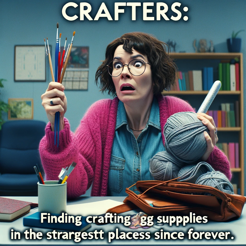 An image of someone looking surprised and holding a random craft item, like a knitting needle or paintbrush, found in an unusual place, such as a purse or car. The person appears genuinely startled, adding humor to the situation. The setting is an everyday location like an office or a kitchen, where finding a crafting tool is unexpected. The person's expression of surprise conveys the amusing nature of discovering crafting tools in odd places. The caption reads: "Crafters: finding crafting supplies in the strangest places since forever." This image humorously illustrates the ubiquitous presence of crafting in a crafter's life.