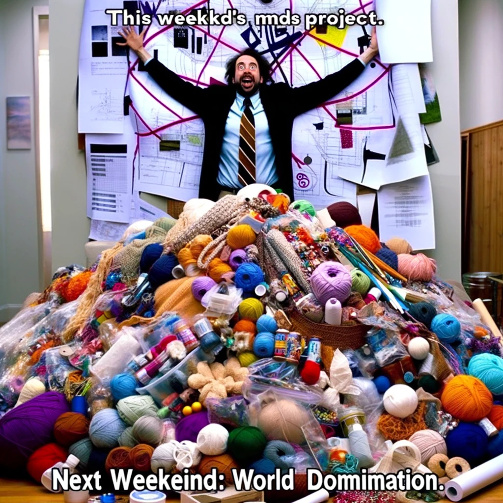 A picture of a person with a giant pile of crafting materials and an overly complex blueprint. The person appears excited and ambitious, looking at the blueprint with determination. The pile of materials includes a variety of crafting items like yarn, fabric, beads, and paint. The blueprint should look intricate and overly ambitious, adding to the humor. The person's expression conveys a mix of enthusiasm and perhaps a hint of naivety. The caption reads: "This weekend's project. Next weekend: World domination." This image humorously portrays the overambitious nature of crafters who dream big.