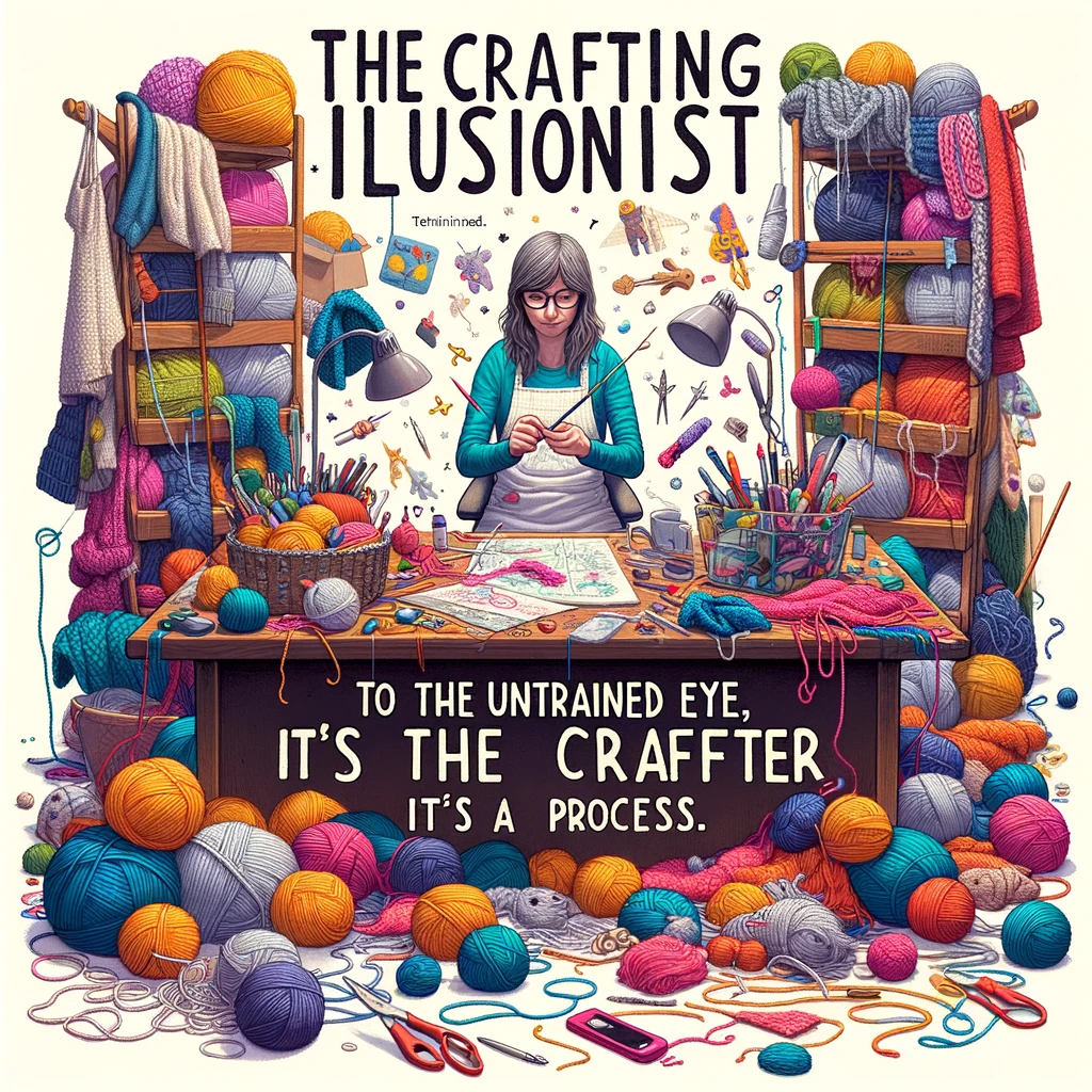 The Crafting Illusionist: An image of a crafter surrounded by a chaotic mix of unfinished projects, such as yarns, fabrics, and crafting tools scattered around. The crafter looks focused and inspired amidst the chaos. Text overlay: "To the untrained eye, it's a mess. To the crafter, it's a process." The image should have a light-hearted, humorous tone, capturing the essence of a passionate crafter immersed in their creative world.