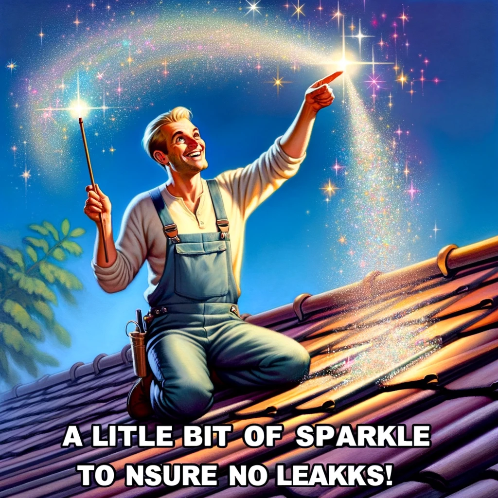 A playful meme showing a roofer whimsically sprinkling glitter onto a roof, with a magical wand in hand. The scene is enchanting, with sparkles and a touch of magic in the air. The roofer looks joyful and is adding a fantastical touch to the mundane task. The caption reads: "A little bit of sparkle to ensure no leaks!" The image should convey a sense of fun and imagination, blending the realism of roofing with the fantasy of magic.