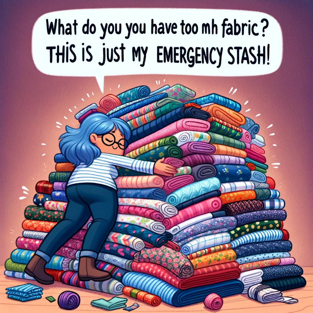The Fabric Stash Defender: An image depicting a crafter lovingly embracing a massive pile of various fabrics. The fabrics are colorful and diverse, representing a rich collection. The crafter has a protective and slightly humorous expression, suggesting a deep attachment to the fabric stash. Include a text overlay: "What do you mean I have too much fabric? This is just my emergency stash!" The overall mood of the image should be whimsical and endearing, capturing the crafter's love for their fabric collection.