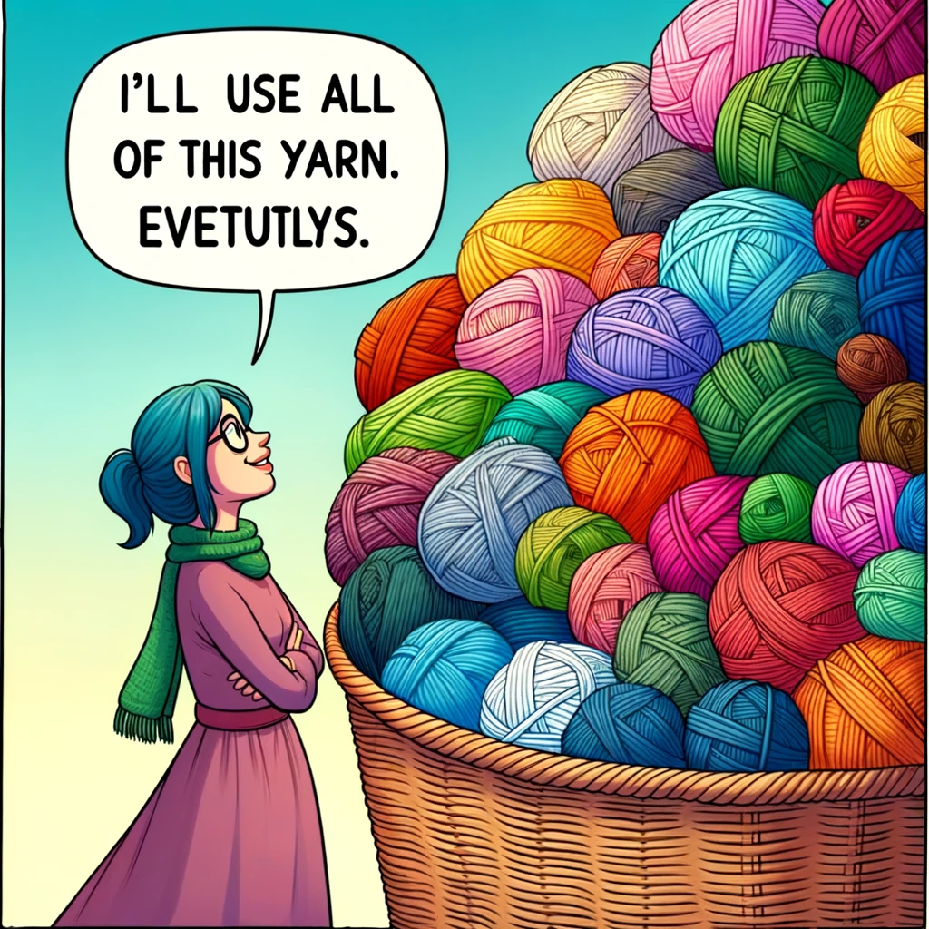 The Eternal Optimist: A meme showcasing a basket filled to the brim with colorful yarns, overflowing in a visually appealing way. A crafter stands next to it, looking at the yarn with eyes full of hope and enthusiasm, as if imagining all the possibilities. The expression on the crafter's face is one of optimism and joy. Text overlay: "I'll use all of this yarn. Eventually." The image should be vibrant and cheerful, reflecting the crafter's positive outlook on their abundant yarn collection.