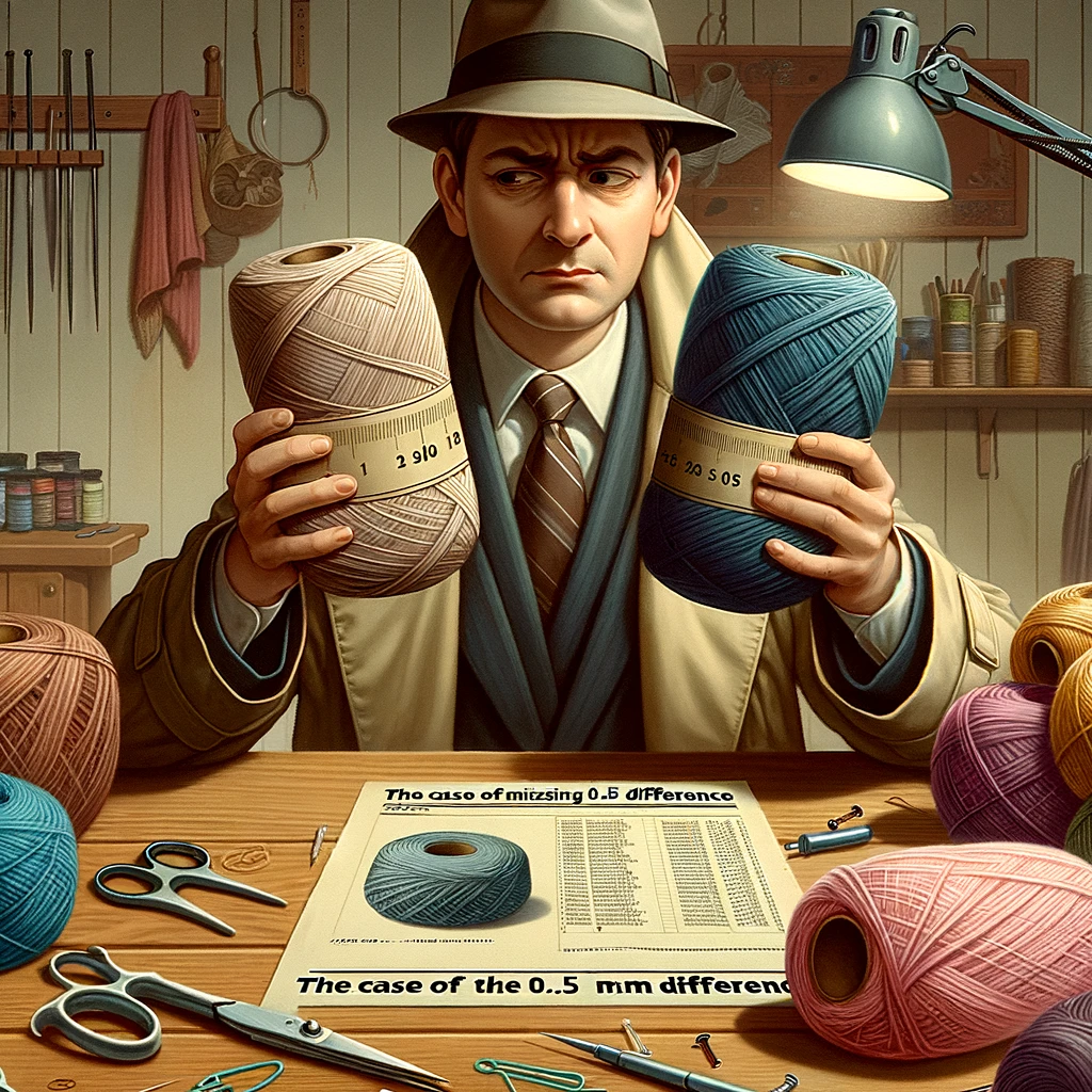 The Crafting Detective: An image portraying a crafter with a look of mild perplexity, holding up two very similar crafting items, like two nearly identical spools of yarn or threads. The crafter is closely examining the items, as if trying to spot a subtle difference. The background should be a crafting workspace with various crafting tools and materials. Include a text overlay: "The case of the missing 0.5 mm difference." The atmosphere of the image should be whimsical and playful, illustrating the crafter's investigative approach to their craft.