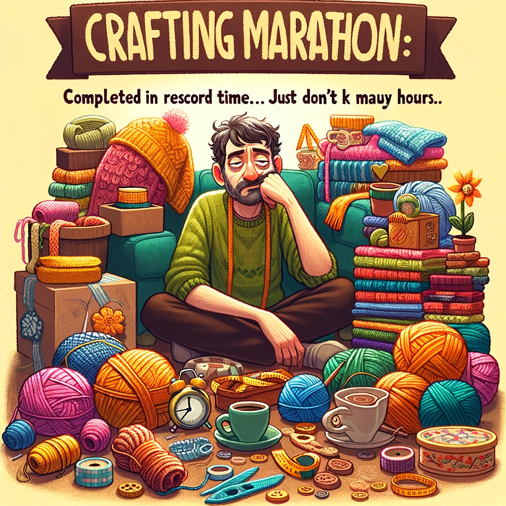 The Crafting Marathoner: A scene depicting a crafter looking tired yet satisfied, surrounded by an array of completed craft projects. The projects should vary, including things like knitted items, painted objects, and handmade decorations, showcasing a range of crafting skills. The crafter's expression should convey a sense of accomplishment and fatigue. Include a text overlay: "Crafting Marathon: Completed in record time...just don't ask how many hours." The image should have a warm, inviting atmosphere, celebrating the joy and exhaustion of a crafting marathon.