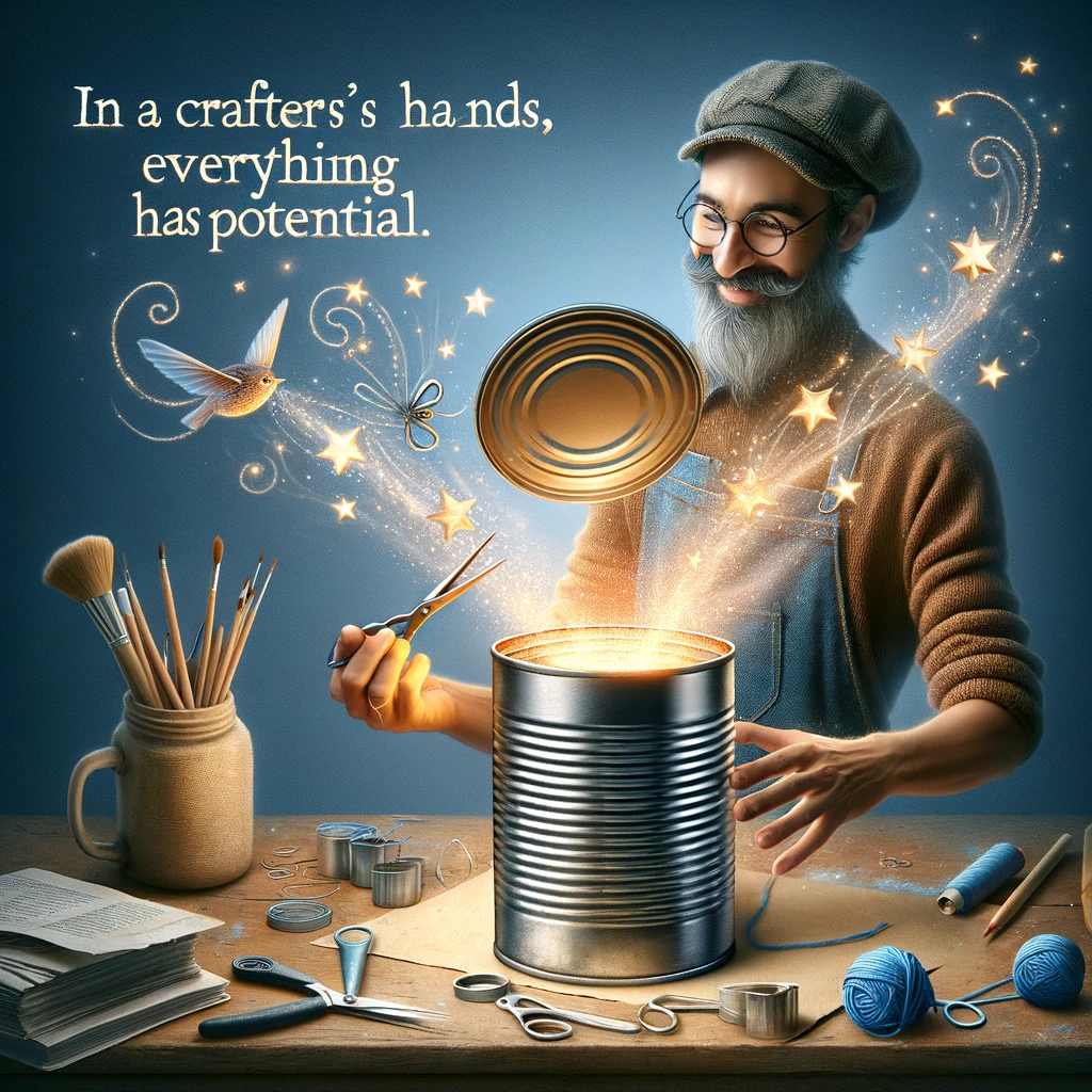 The DIY Magician: An imaginative image showing a crafter transforming an ordinary object, like a tin can, into something extraordinary, like a decorative holder. The transformation should be depicted in a magical, visually engaging way, highlighting the crafter's creativity and skill. The crafter appears delighted and proud of their creation. Include a text overlay: "In a crafter's hands, everything has potential." The mood of the image should be magical and inspiring, emphasizing the transformative power of crafting.