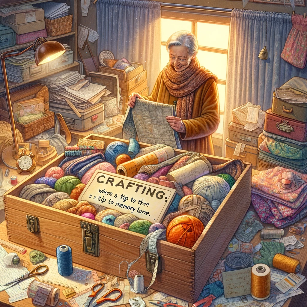 The Crafting Time Traveler: A visual representation of a crafter nostalgically looking through old projects and materials. The scene should include a variety of crafting items, like fabric scraps, old patterns, and half-finished projects, creating a sense of history and memory. The crafter's expression is one of fond reminiscence, as if each item holds a special story. Include a text overlay: "Crafting: Where a trip to the supply box is a trip down memory lane." The image should evoke a warm, sentimental mood, capturing the emotional connection between crafters and their past projects.