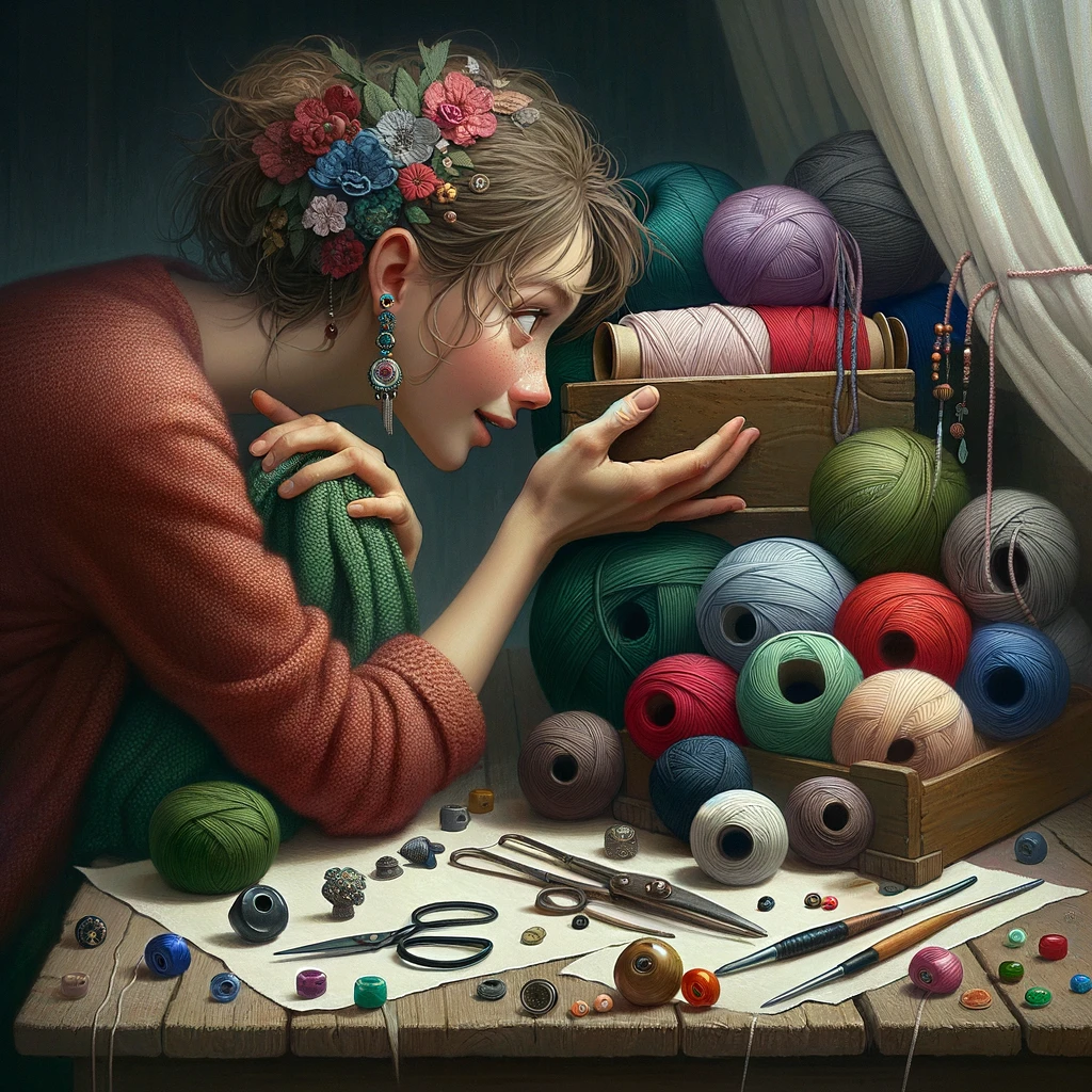 The Crafting Whisperer: An image of a person quietly talking to their crafting materials, like yarn, fabric, or beads. The scene should be intimate and whimsical, showing the crafter leaning in close to the materials as if in a deep conversation. The materials are arranged in an appealing way, suggesting they are 'responding' to the crafter. The expression on the crafter's face is one of focus and affection. Include a text overlay: "If you listen closely, they'll tell you what they want to be." The atmosphere of the image should be charming and magical, highlighting the special bond between crafters and their materials.