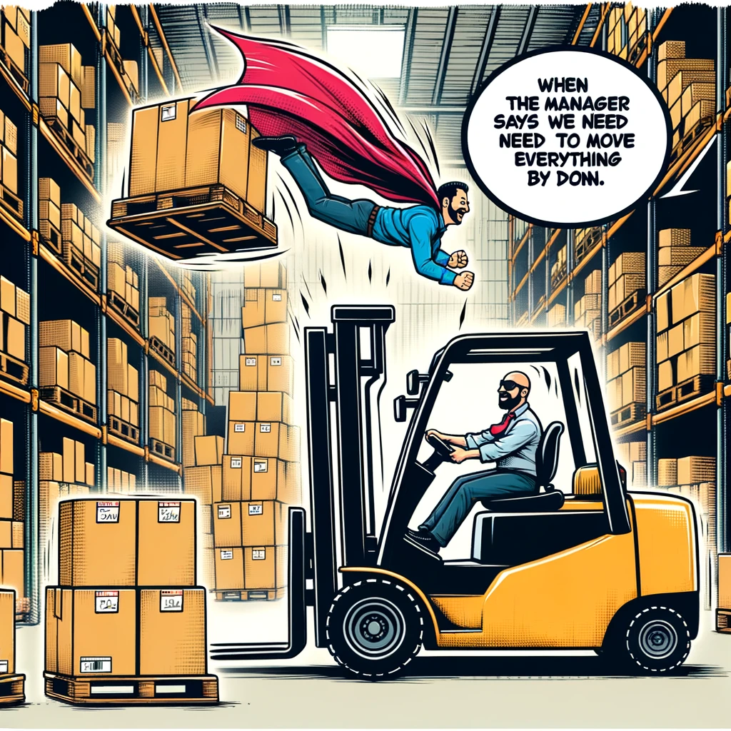 Forklift Frenzy: Illustration of a forklift driver with a superhero cape, soaring over aisles of boxes in a warehouse. Include a caption at the bottom that reads: 'When the manager says we need to move everything by noon.' The image should be humorous and exaggerate the forklift and the driver as a superhero in action.