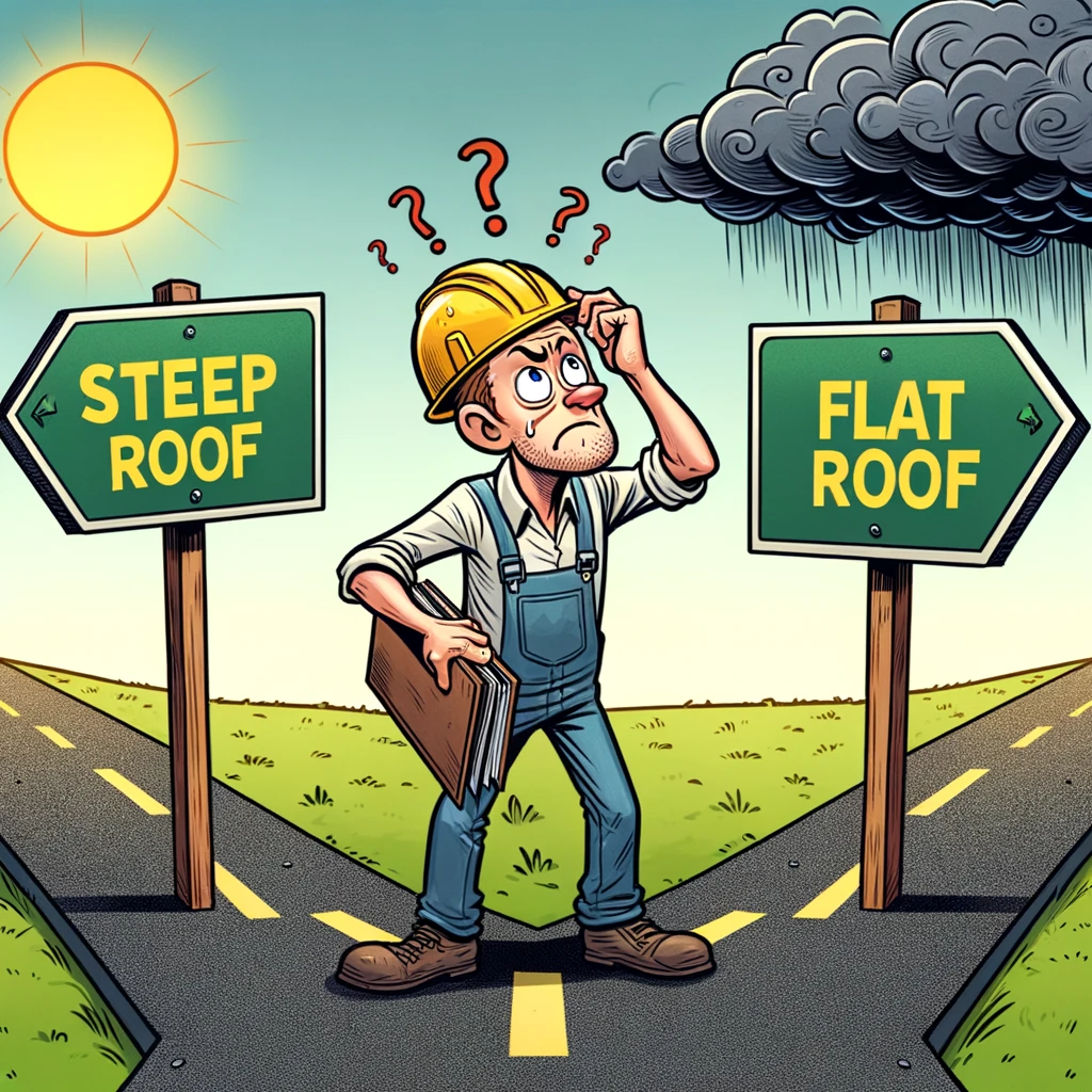 A humorous cartoon depicting a roofer at a crossroads, scratching his head in confusion. One road is labeled "Steep Roof" with ominous clouds overhead, and the other road is labeled "Flat Roof" under a sunny sky. The roofer looks indecisive, embodying the dilemma faced by roofers. The caption reads: "The roofer's crossroad: A steep challenge or a flat walk?" The image should capture the humorous aspect of this typical roofer's decision-making moment, with a light-hearted and cartoonish style.