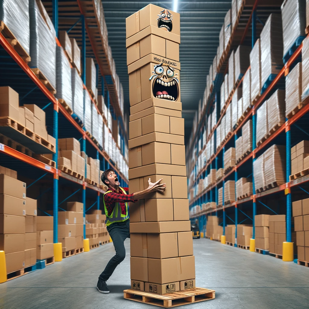 Box Tower Balancing: Create an image of a worker balancing a very high and unstable stack of boxes, looking terrified. The boxes should appear to be teetering, adding to the humor and tension of the situation. Include a caption at the bottom that says: 'When you're too afraid to make two trips.' The setting is a warehouse, and the focus should be on the exaggerated height of the box tower and the worker's fearful expression.