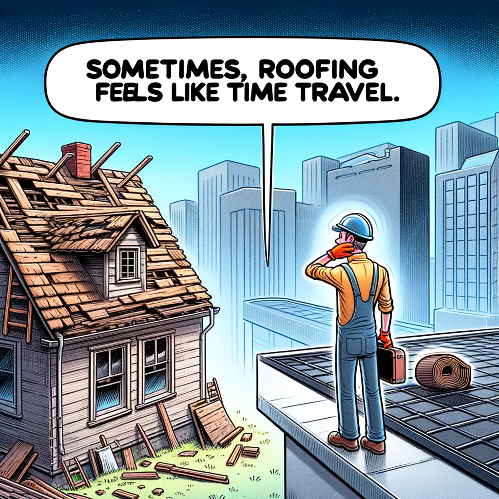 A cartoon of a roofer looking at an old, dilapidated roof next to a sleek, modern one. The roofer is scratching his head in confusion. The scene suggests a contrast between past and present in roofing styles. The caption reads: "Sometimes, roofing feels like time travel."