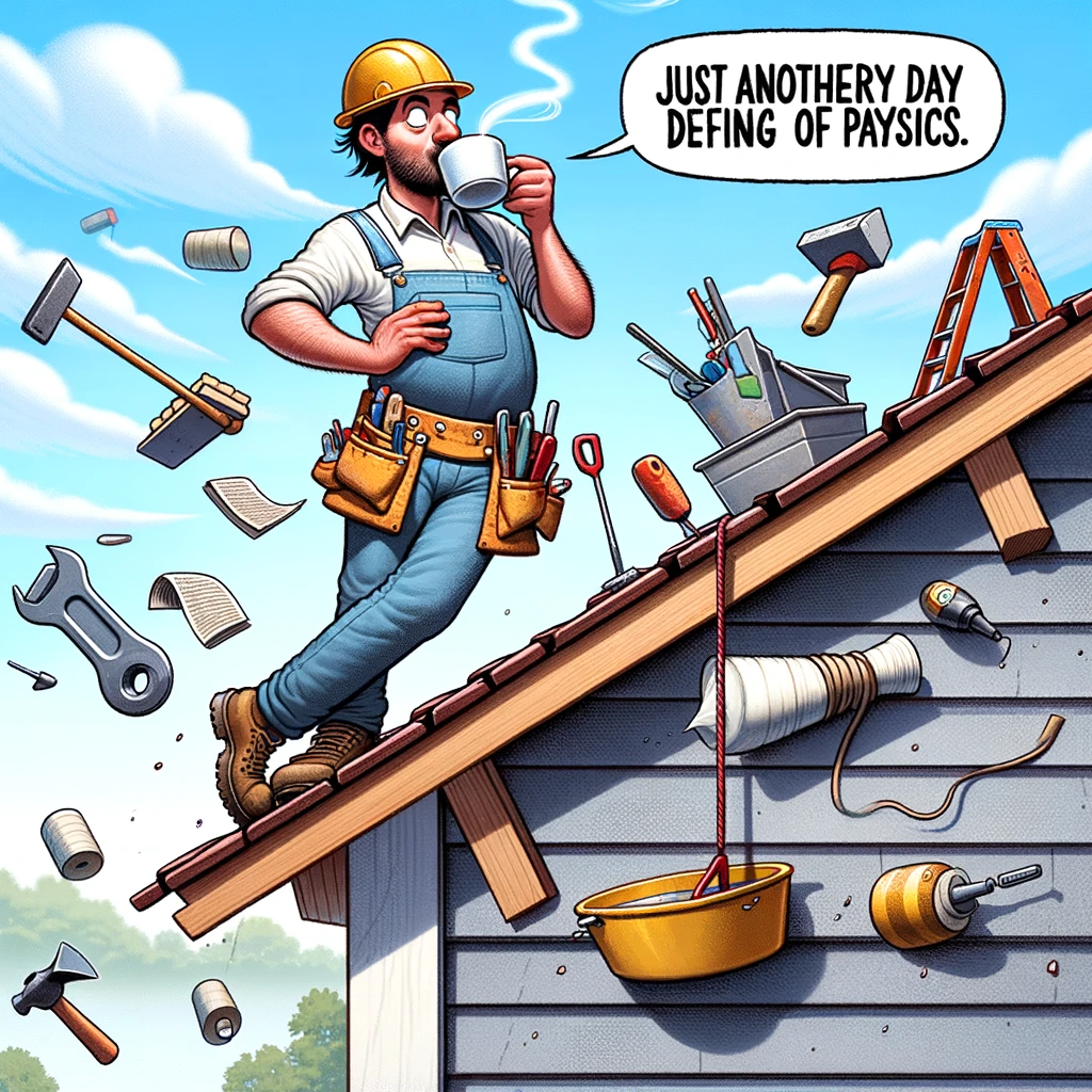 A humorous cartoon depicting a roofer defying gravity. The roofer is standing sideways on a very steep roof, casually sipping a cup of coffee. Tools and construction materials are floating around him in a comical defiance of physics. The caption reads: "Just another day defying the laws of physics."