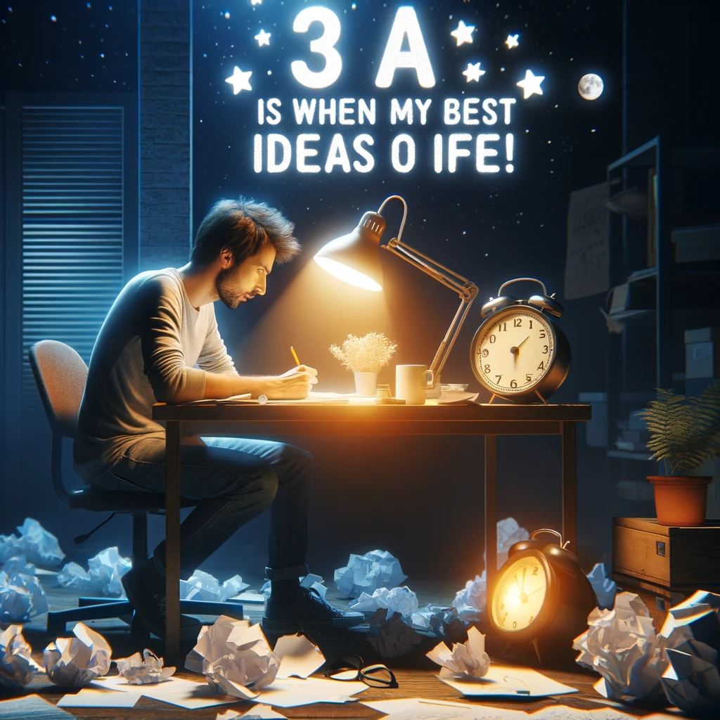 A person working passionately on their project late at night, surrounded by scattered papers, a bright desk lamp, and a cup of coffee, with the caption: "3 AM is when my best ideas come to life!" This scene depicts a creative individual in the midst of inspiration, with the glow of the lamp illuminating the room.