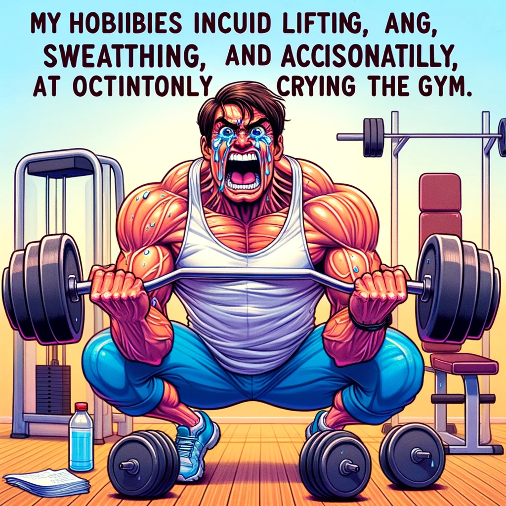 The Fitness Fanatic: An image of someone exercising intensely at the gym, with an exaggeratedly determined facial expression, surrounded by gym equipment like weights and treadmills. The person is visibly sweating and looks almost on the verge of tears. Add a caption at the bottom that says, "My hobbies include lifting, sweating, and occasionally crying at the gym." The style should be colorful and cartoonish to emphasize the humorous aspect of the meme.