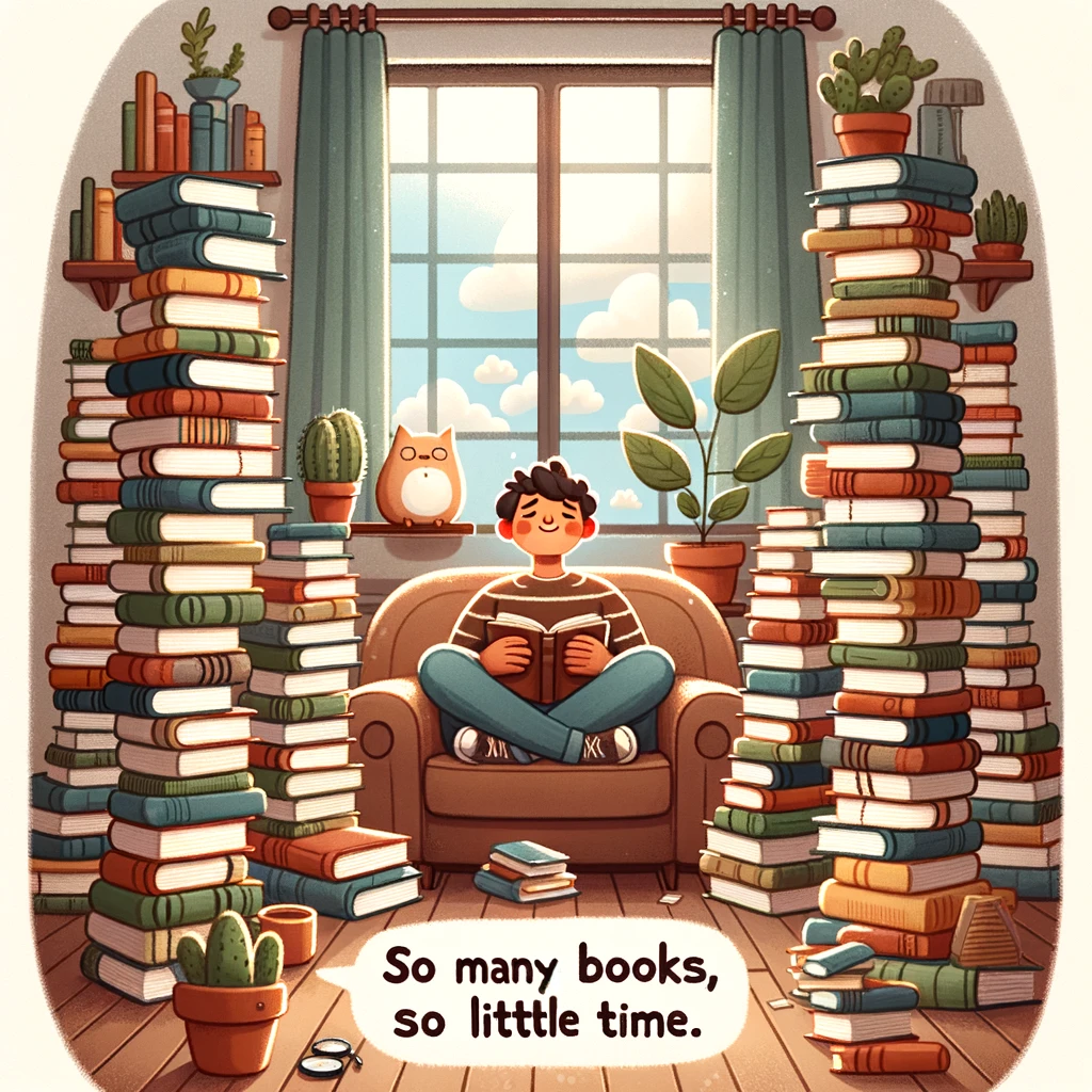 The Bookworm's Dilemma: Depict a person sitting in a cozy room, surrounded by tall stacks of books on all sides. The person looks slightly overwhelmed but has a happy, contented smile. Books are scattered around, indicating a passionate reader. Include a caption at the bottom of the image that reads, "So many books, so little time." The style should be warm and inviting, with a touch of whimsy to reflect the joy of reading.