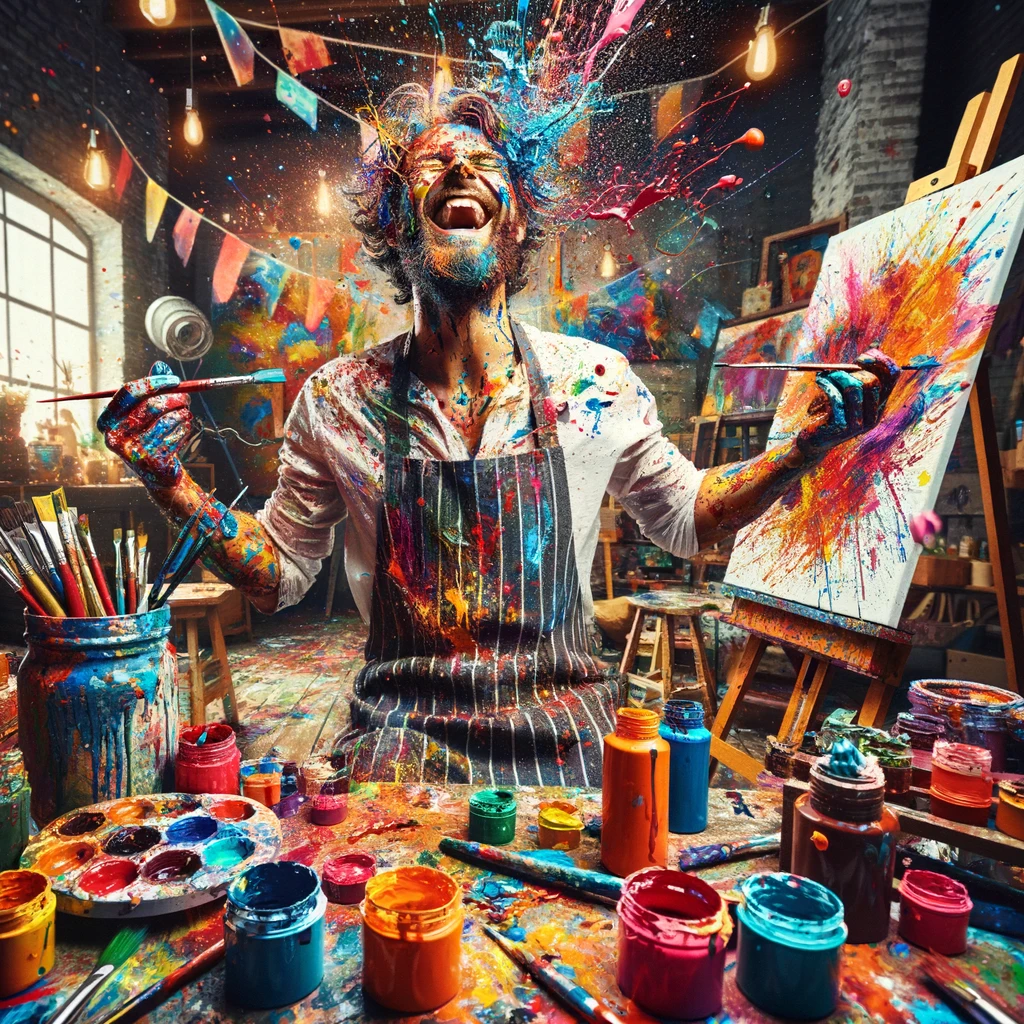 The Artistic Mess: Show an artist in their studio, covered in vibrant splashes of paint. The studio is filled with canvases, paintbrushes, and an explosion of colors, reflecting a chaotic yet creative atmosphere. The artist appears joyfully immersed in their work, with paint on their face and hands. Include a caption at the bottom that reads, "Art isn't just a hobby, it's a colorful adventure!" The image should be lively and colorful, emphasizing the fun and passion of artistic creation.