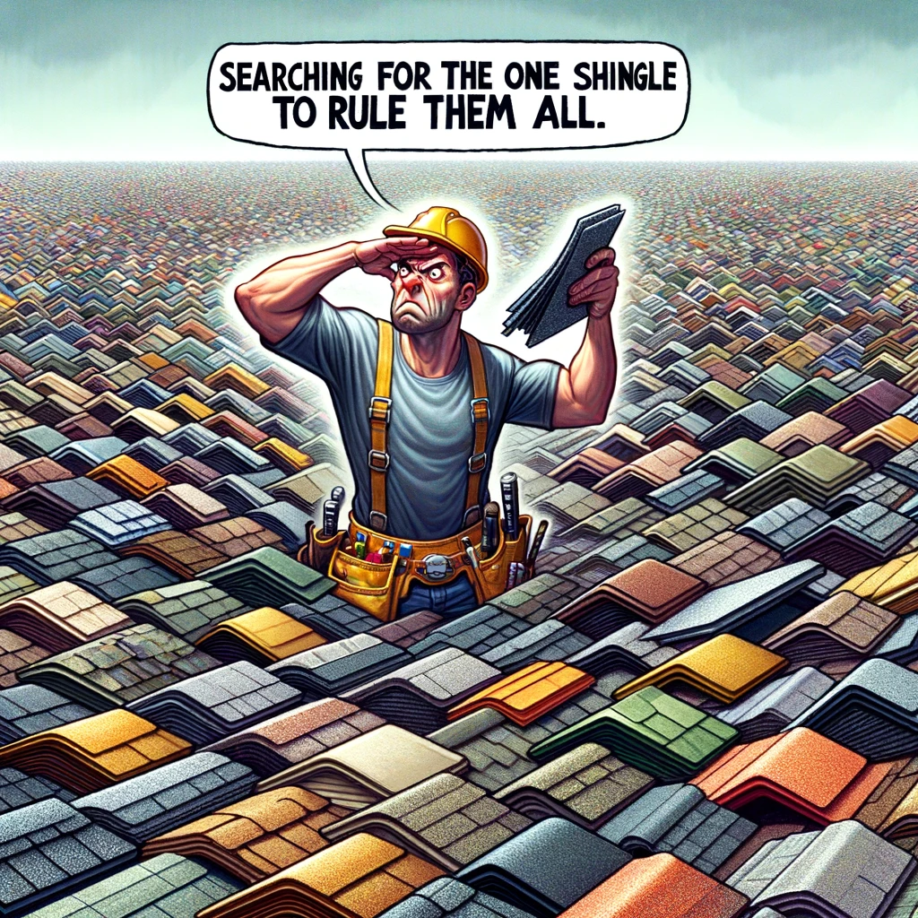 A comical scene of a roofer in a vast sea of different colored and styled shingles. The roofer looks overwhelmed as he holds up and squints at a single shingle, trying to make a choice. The scene illustrates the daunting task of selecting the perfect shingle among countless options. The caption reads: "Searching for the one shingle to rule them all."