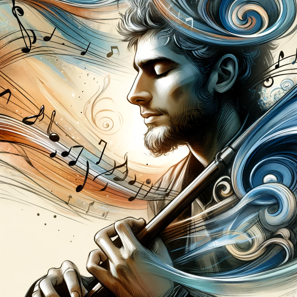 The Music Maestro: Illustrate a person deeply absorbed in playing a musical instrument, with their eyes closed and a serene smile on their face. The background should be abstract, representing the flow of music around them. The image should convey a sense of peace and emotional depth. Add a caption at the bottom that reads, "In my world, every emotion is a note." The style should be artistic and expressive, emphasizing the emotional connection with music.