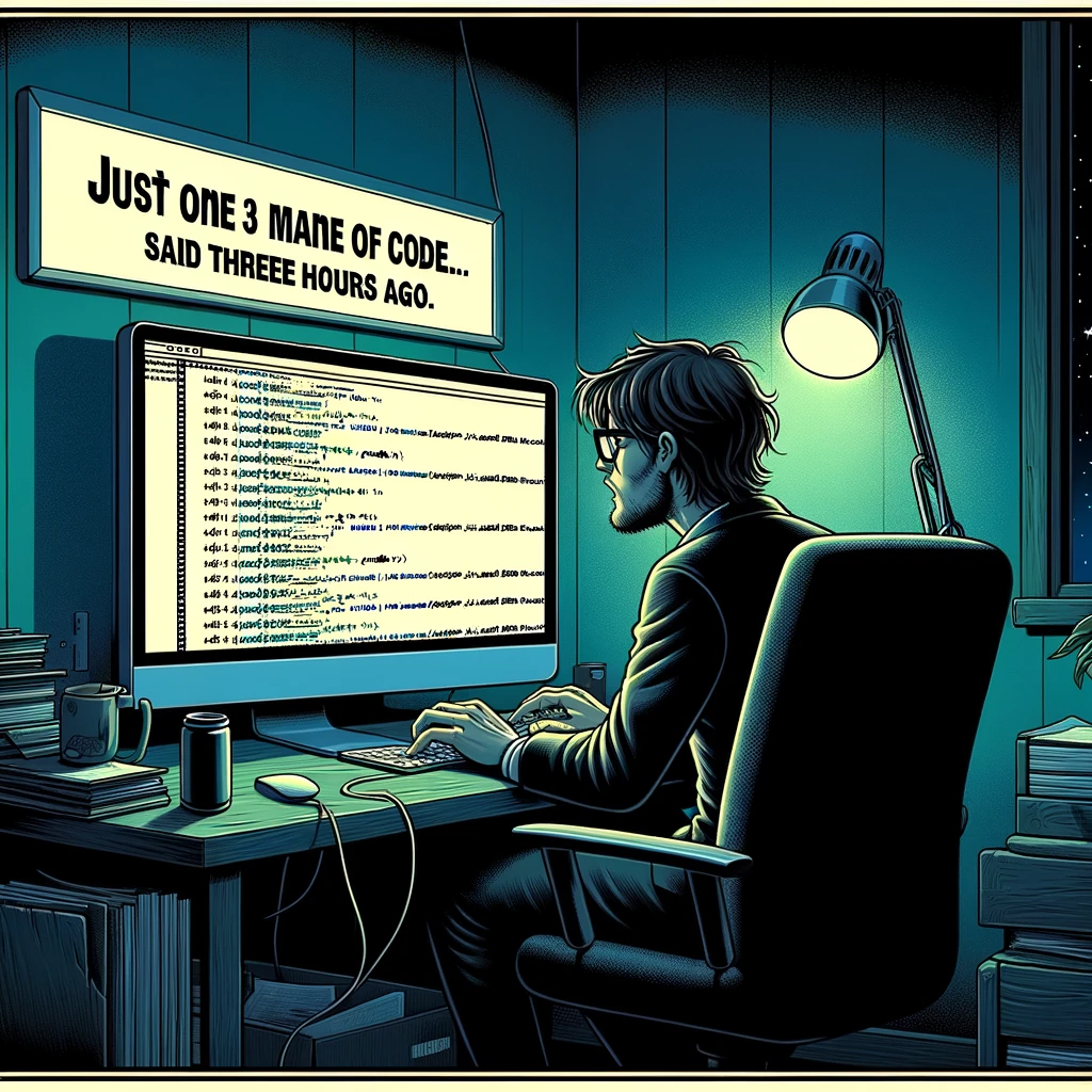 The Coding Marathoner: Create an image of a person sitting in front of a computer, deeply engrossed in coding. The computer screen should display lines of code, and the person should have an expression of intense concentration. The room is dimly lit to focus on the coding activity. Include a caption at the bottom that reads, "Just one more line of code... said three hours ago." The image should convey a sense of dedication and the humorous side of prolonged coding sessions.