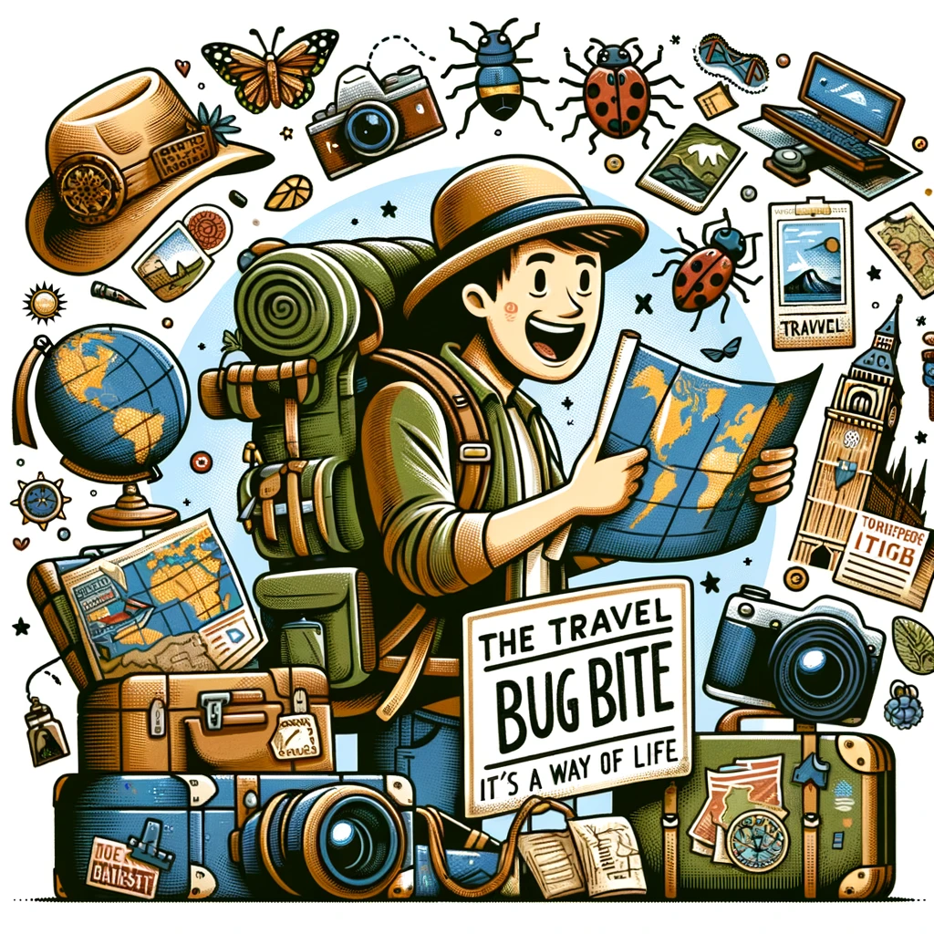 The Travel Bug Bite: Depict a person with a backpack, excitedly looking at a map, surrounded by travel gear like a camera, hat, and suitcase. The background should include symbols of travel like globes, postcards, and landmarks. The person's expression is one of excitement and wanderlust. Include a caption at the bottom that says, "Wanderlust isn't a hobby, it's a way of life." The style should be adventurous and inspiring, capturing the essence of travel and exploration.