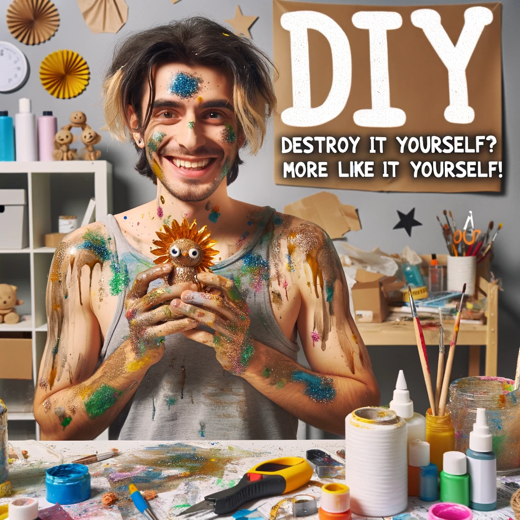 A DIY enthusiast covered in glue, paint, and glitter, proudly holding up a homemade craft. The background is a cluttered workspace with various DIY tools and materials scattered around. The person is smiling broadly, showcasing their love for DIY projects. The caption reads, "DIY: Destroy It Yourself? More like Design It Yourself!"