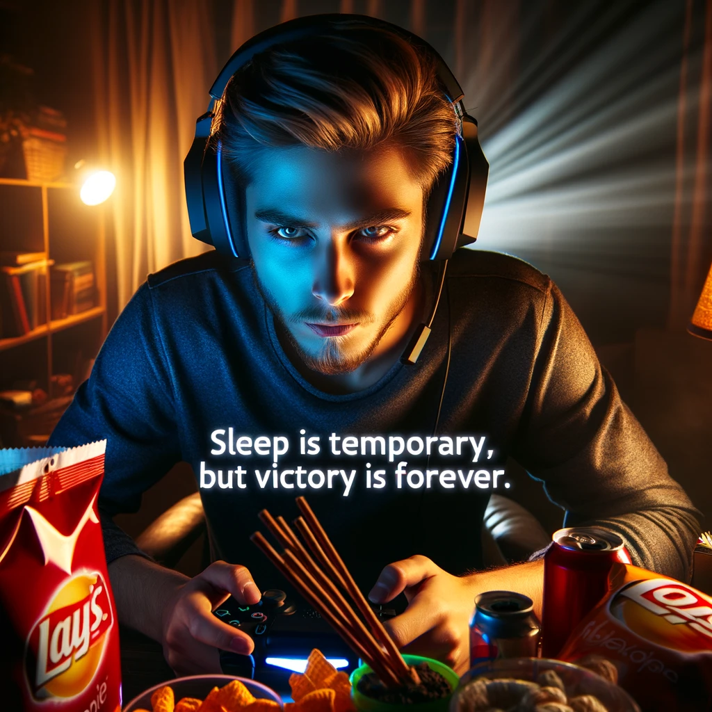 A gamer with a headset, intensely focused on a screen, surrounded by snacks and gaming paraphernalia. The room is dimly lit, enhancing the glow from the screen. The gamer's expression is one of deep concentration. Snacks and gaming gadgets are scattered around. The caption says, "Sleep is temporary, but victory is forever."
