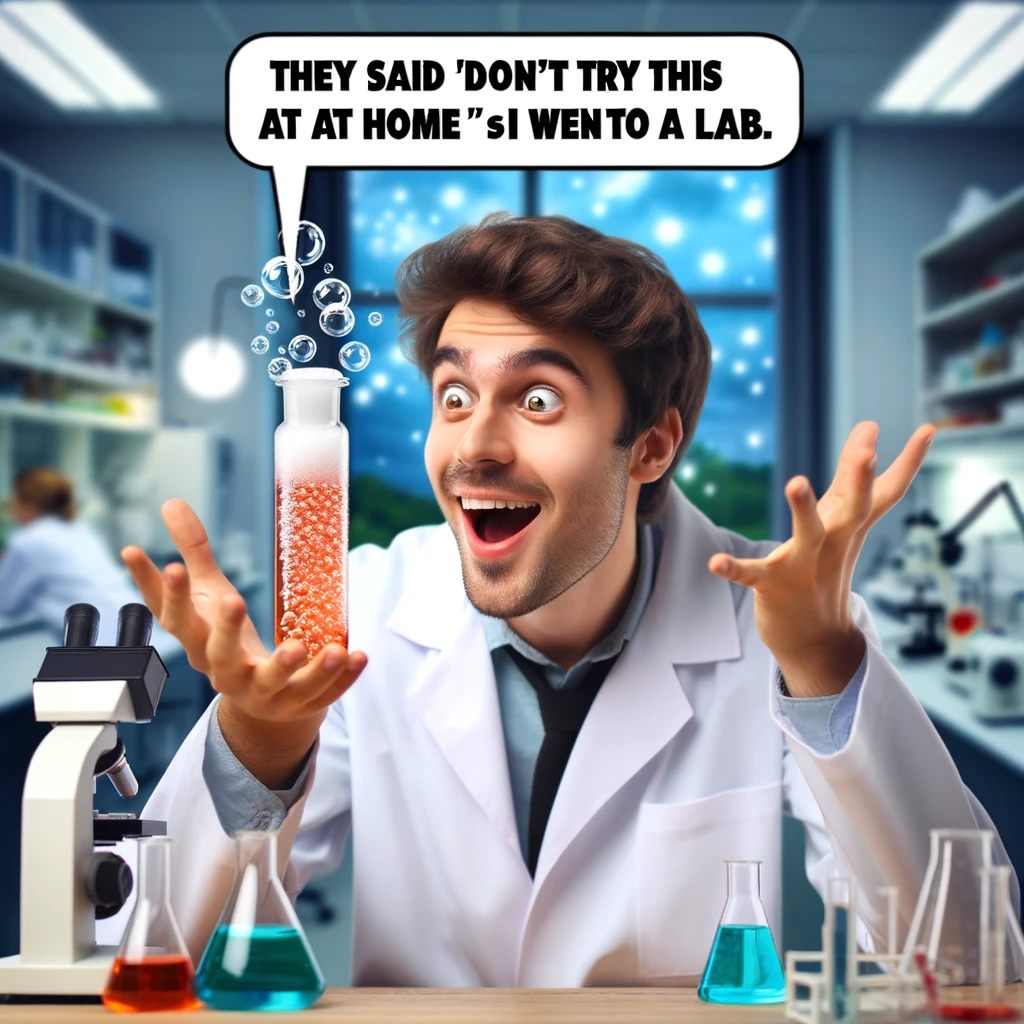 A person wearing a lab coat, looking at a bubbling test tube with fascination. The background is a laboratory setting with various scientific instruments. The person's face shows excitement and curiosity. The caption reads, "They said 'don't try this at home' so I went to a lab."