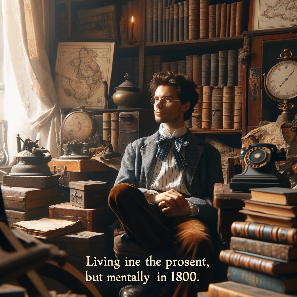 An image of someone surrounded by historical books and artifacts, dressed in a vintage outfit. The setting is a room filled with antique furniture and old maps. The person is daydreaming, looking into the distance. The caption says, "Living in the present, but mentally in 1800."
