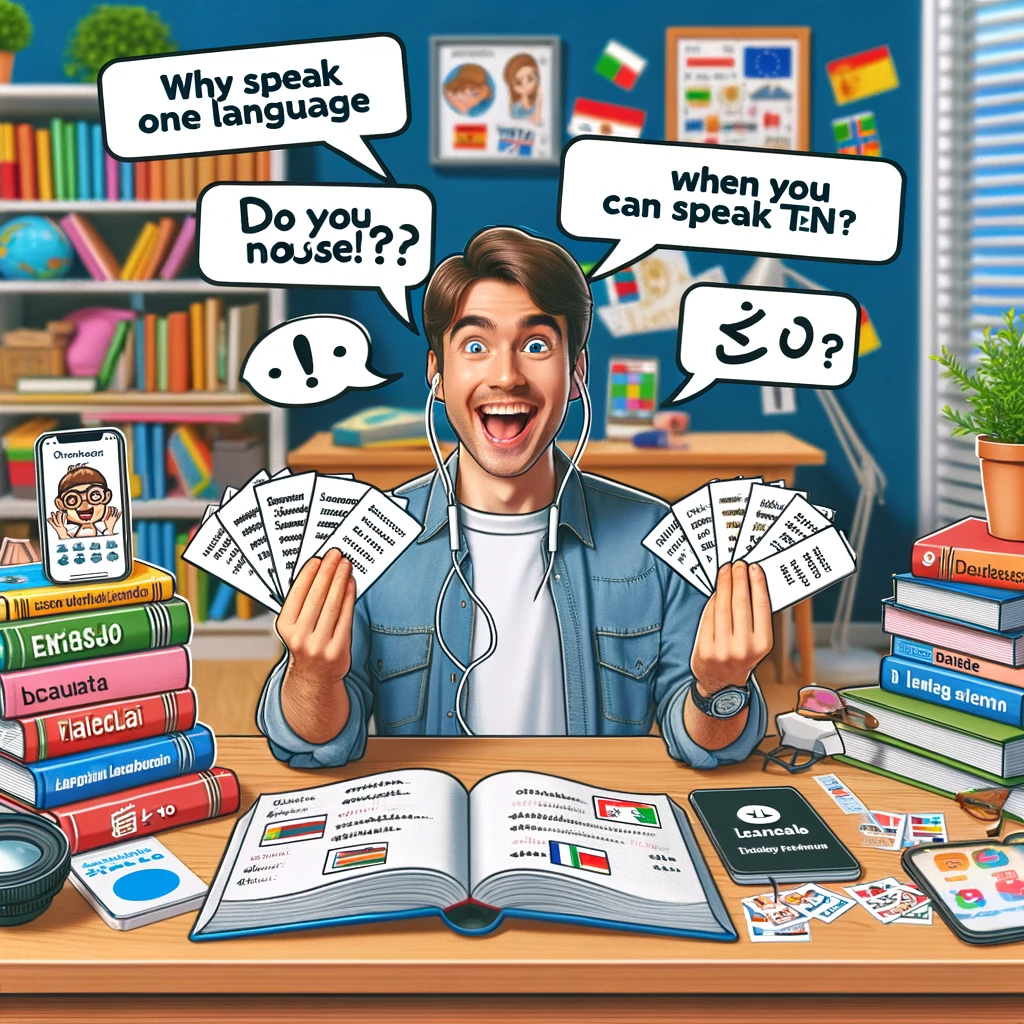 A picture of a person excitedly practicing multiple foreign languages, with books, flashcards, and language apps around them. The setting is a study room with language learning resources. The person's expression is one of enthusiasm and determination. The caption reads, "Why speak one language when you can speak ten?"